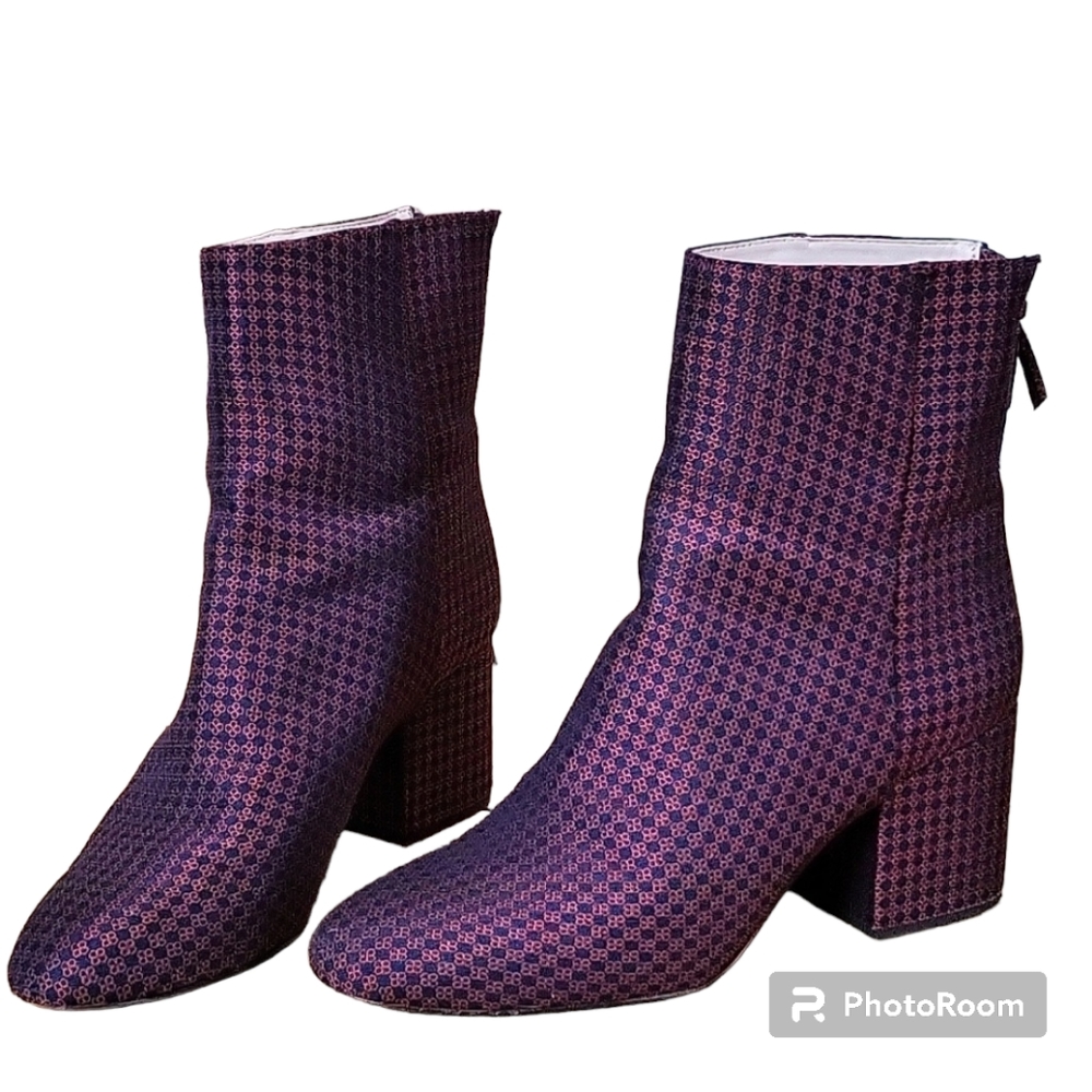 J. Crew Sadie Patterned Red and Navy Blue Ankle Boots